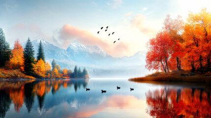 A serene landscape featuring a calm lake surrounded by autumn trees, distant mountains, and birds flying overhead, capturing the essence of nature's beauty.