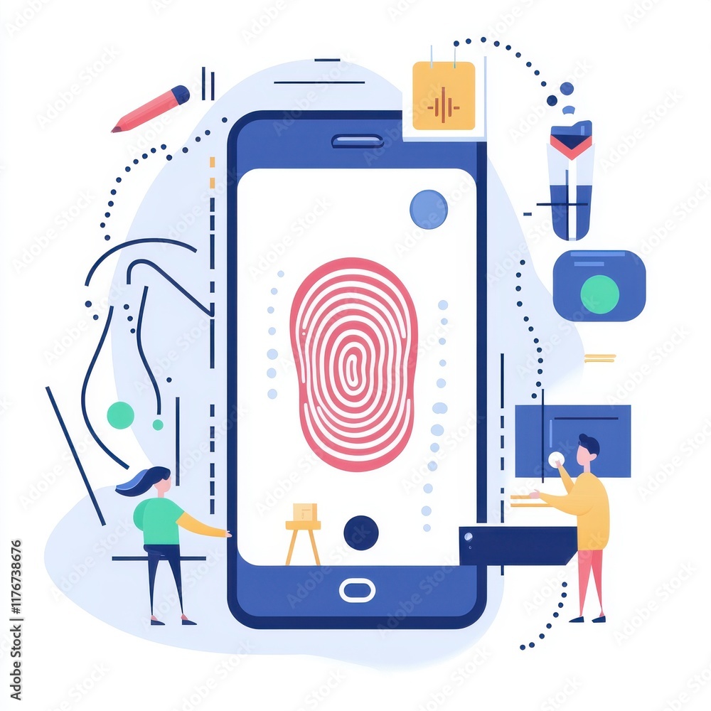 Poster digital fingerprint scanning concept featuring diverse characters and technology elements.