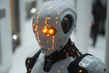Fototapeta premium Futuristic robot, glowing eyes, sleek design.