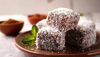 Close up of vegan lamingtons traditional australian dessert tasty food delicious snack
