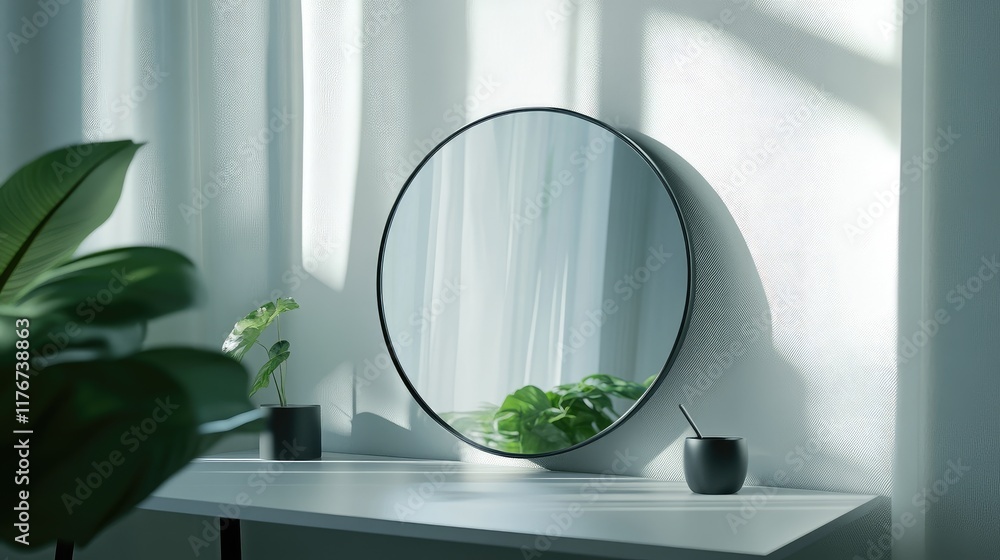 Poster a frameless mirror resting on a minimalist desk, capturing the soft glow of ambient light in a clean