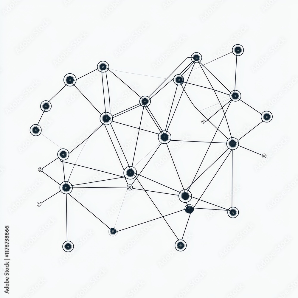 Poster abstract black and white network illustration depicting interconnected nodes and dynamic relationshi