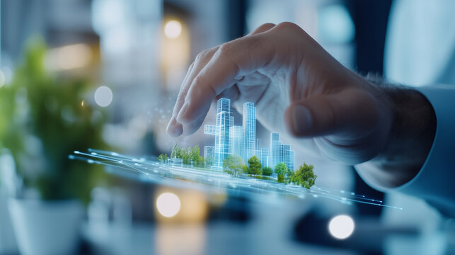A sleek design studio where AI-powered tools assist architects in creating sustainable buildings with dynamic 3D models and real-time environmental simulations.AI in architecture,