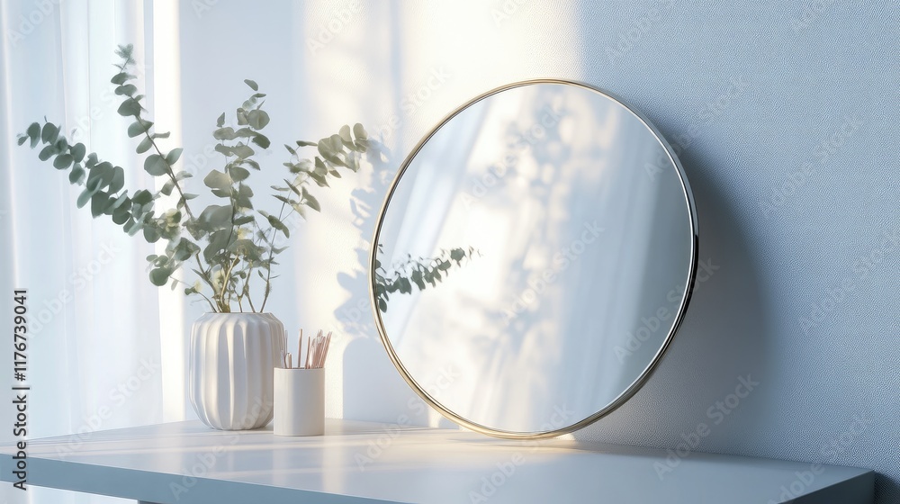 Poster a frameless mirror resting on a minimalist desk, capturing the soft glow of ambient light in a clean