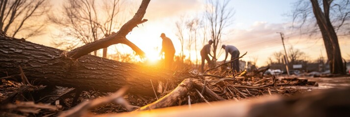 Community volunteers unite for storm debris cleanup at sunset in a resilient neighborhood