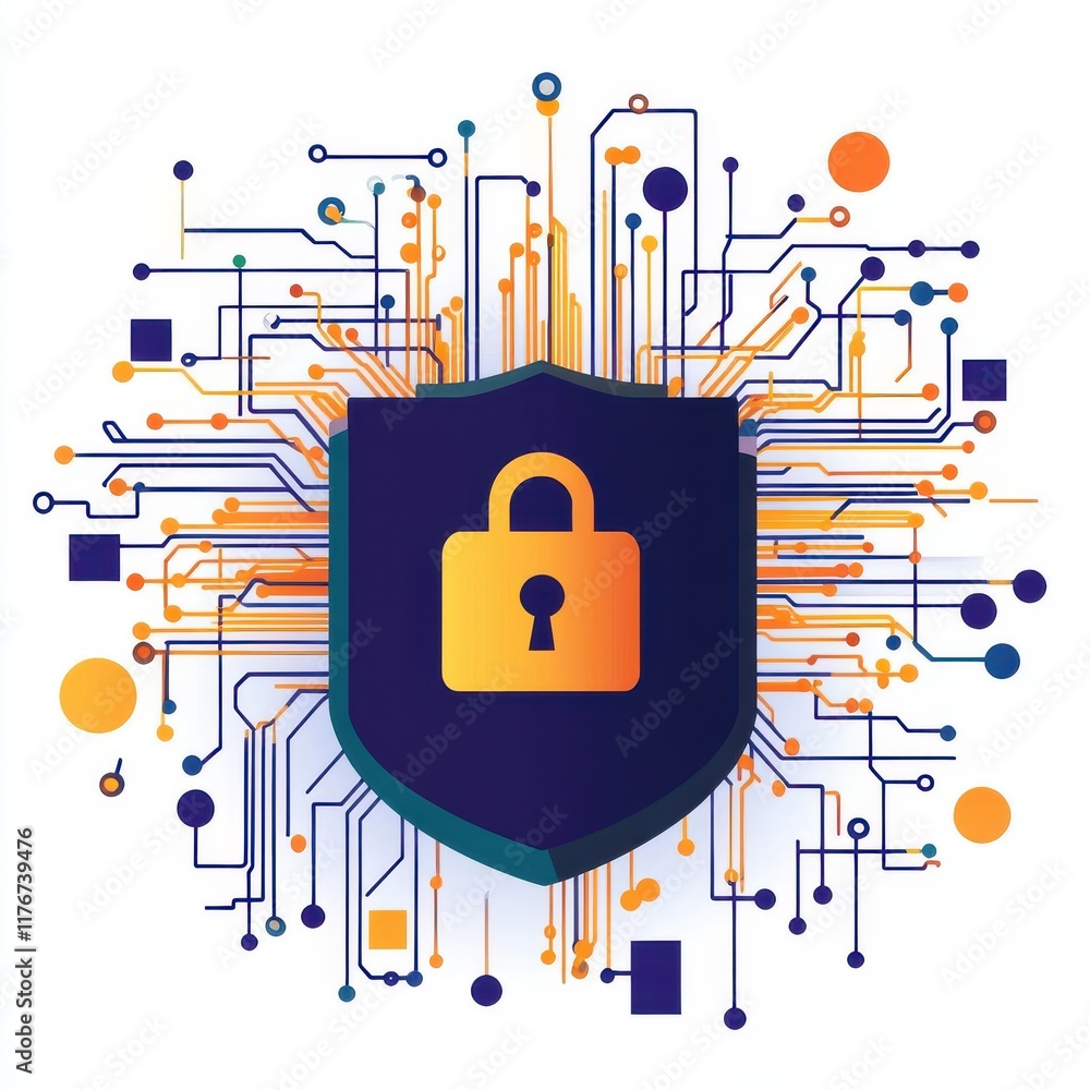 Poster a digital shield with a padlock symbolizing cybersecurity amidst vibrant circuit patterns.