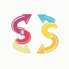 Fototapeta premium Colorful dollar signs with arrows indicating financial growth and exchange.