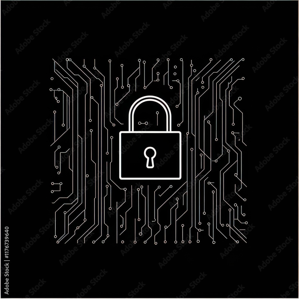 Poster a digital lock symbol on a circuit board background, representing cybersecurity and data protection.