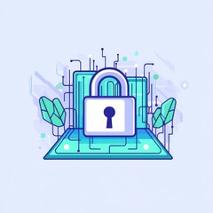 Fototapeta premium A digital padlock symbolizes cybersecurity on a tech-themed background with plants.