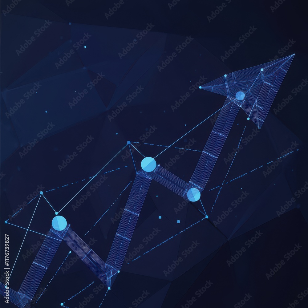 Poster a futuristic blue graph with an upward arrow representing growth and progress in digital analytics.