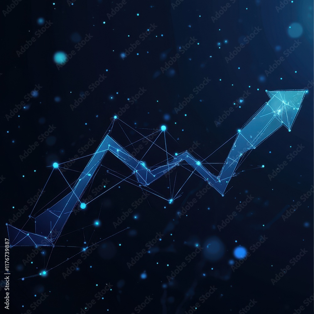 Poster a digital representation of a rising graph with interconnected lines on a dark background, symbolizi