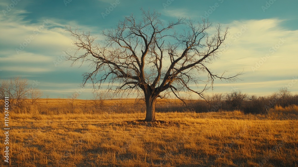 Poster a leafless, dying tree in a desolate field, surrounded by golden grass and illuminated by soft eveni