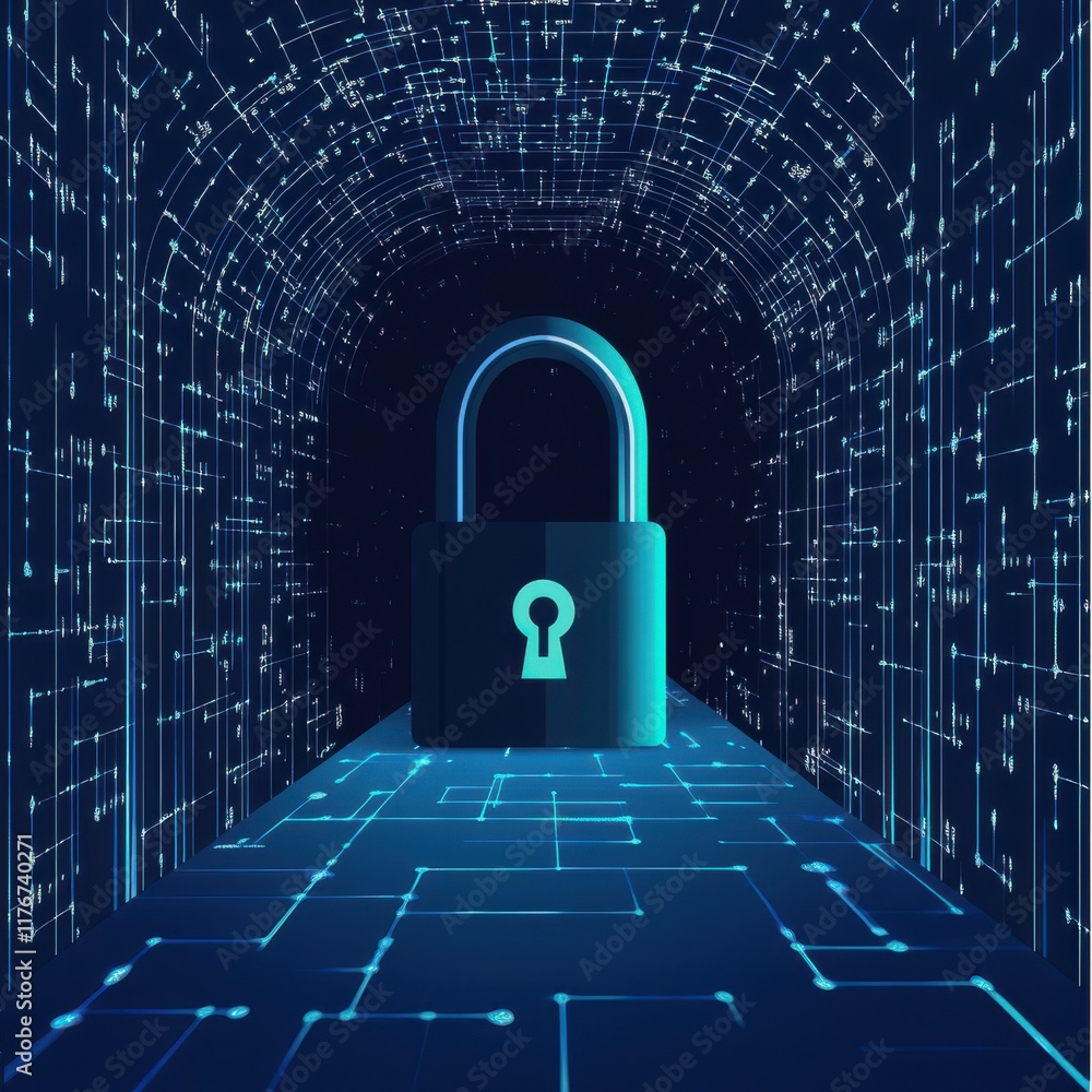 Poster a digital padlock symbolizes cybersecurity in a futuristic data tunnel filled with vibrant binary co