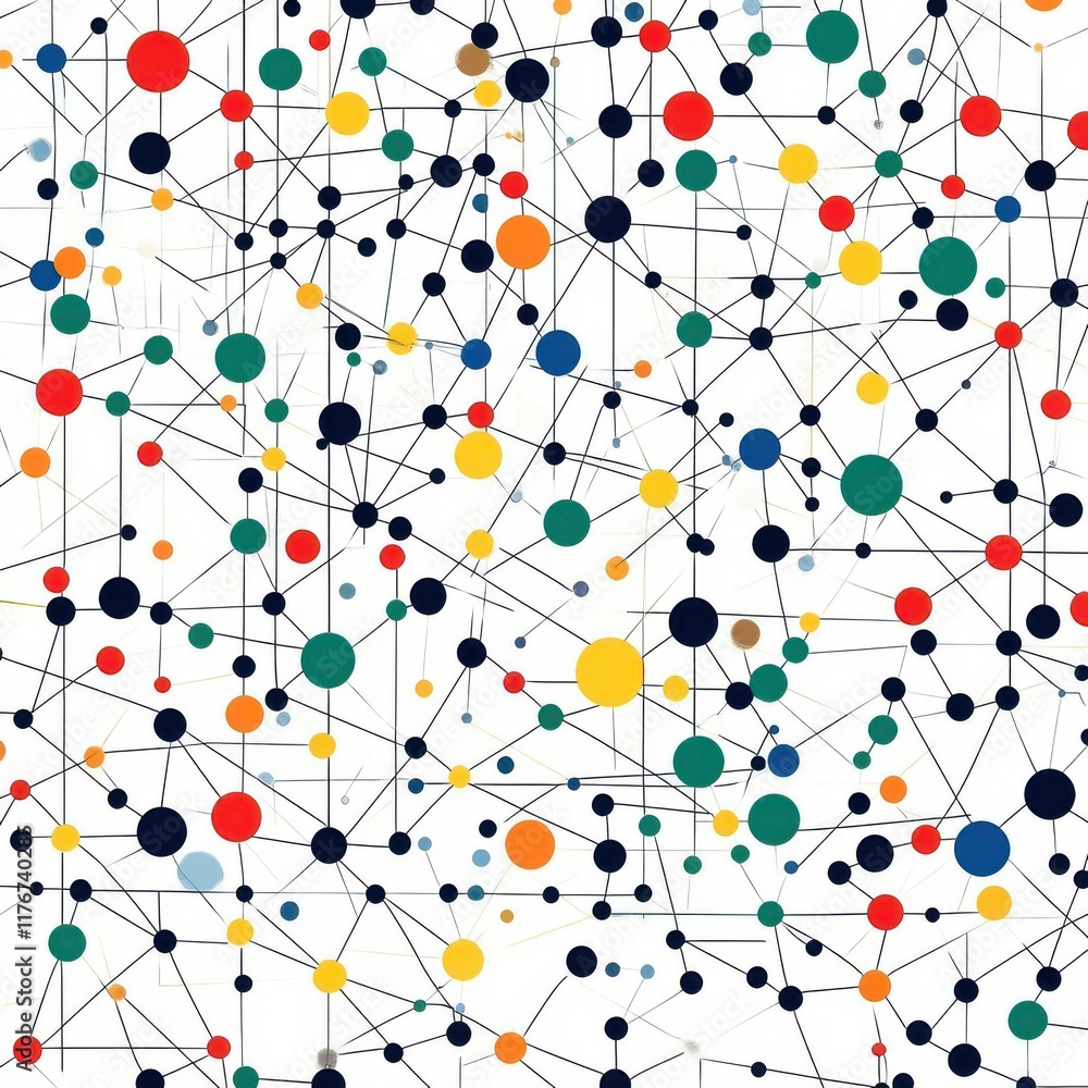 Poster colorful network pattern featuring interconnected dots and lines on a white background.