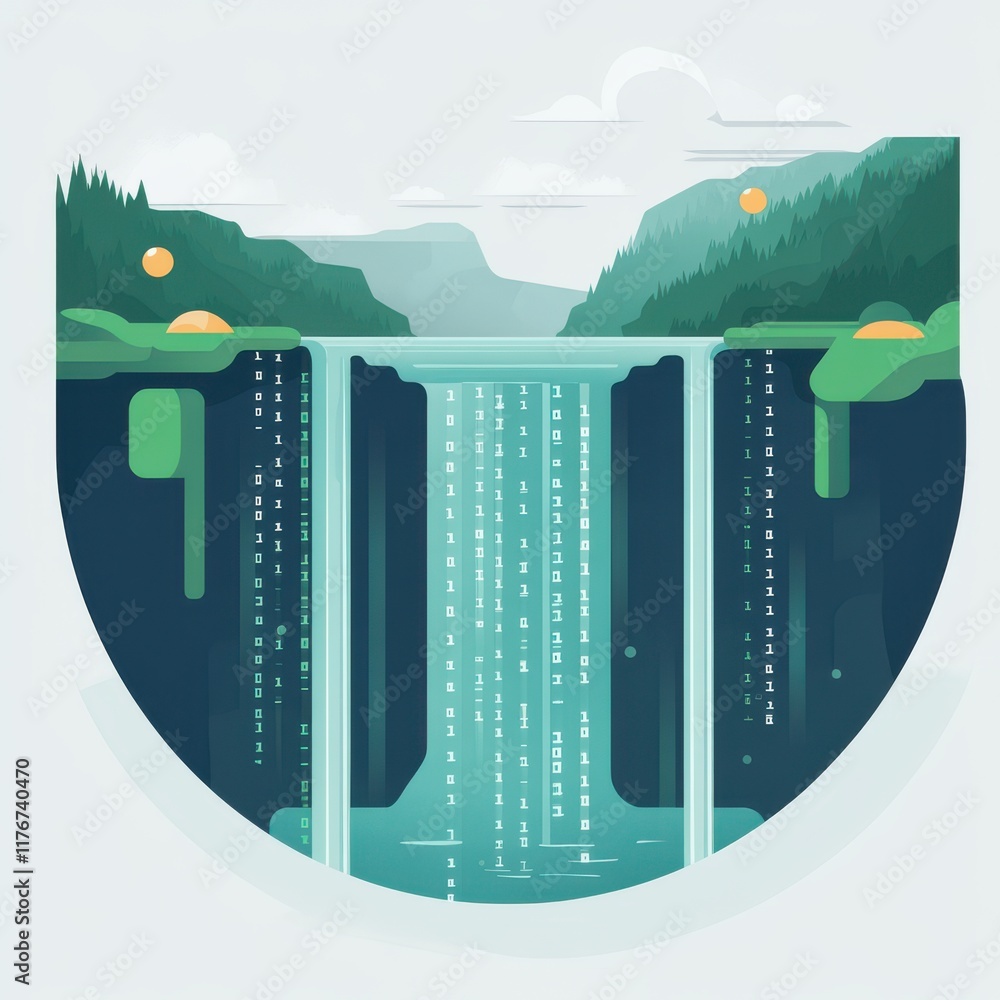 Poster a surreal digital artwork of a waterfall cascading with binary code, surrounded by lush greenery and