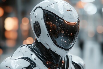 Fototapeta premium Futuristic white robot, glowing visor, blurry background.