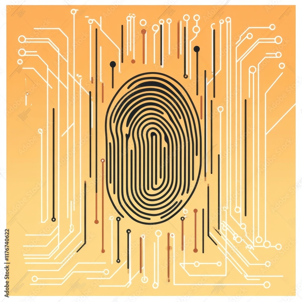 Poster abstract fingerprint composition with circuit patterns in a warm gradient background.