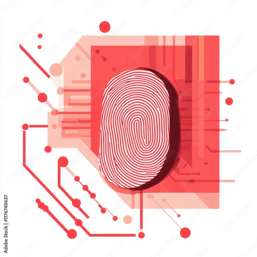 Poster stylized red fingerprint overlaying digital circuitry, symbolizing security and technology.