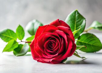 Naklejka premium A candid close-up reveals a red rose's intricate beauty against a stark white backdrop.