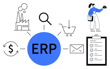 ERP at center connecting manufacturing, purchasing, finances, and customer service. Ideal for business integration, operational efficiency, process optimization, resource management, productivity