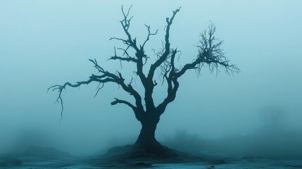 A lone, withering tree in a foggy landscape, its skeletal branches creating a haunting silhouette.