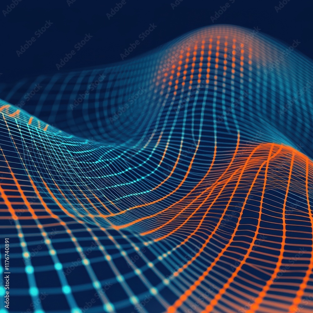 Poster abstract digital wave with vibrant blue and orange grid patterns, conveying a sense of motion and de
