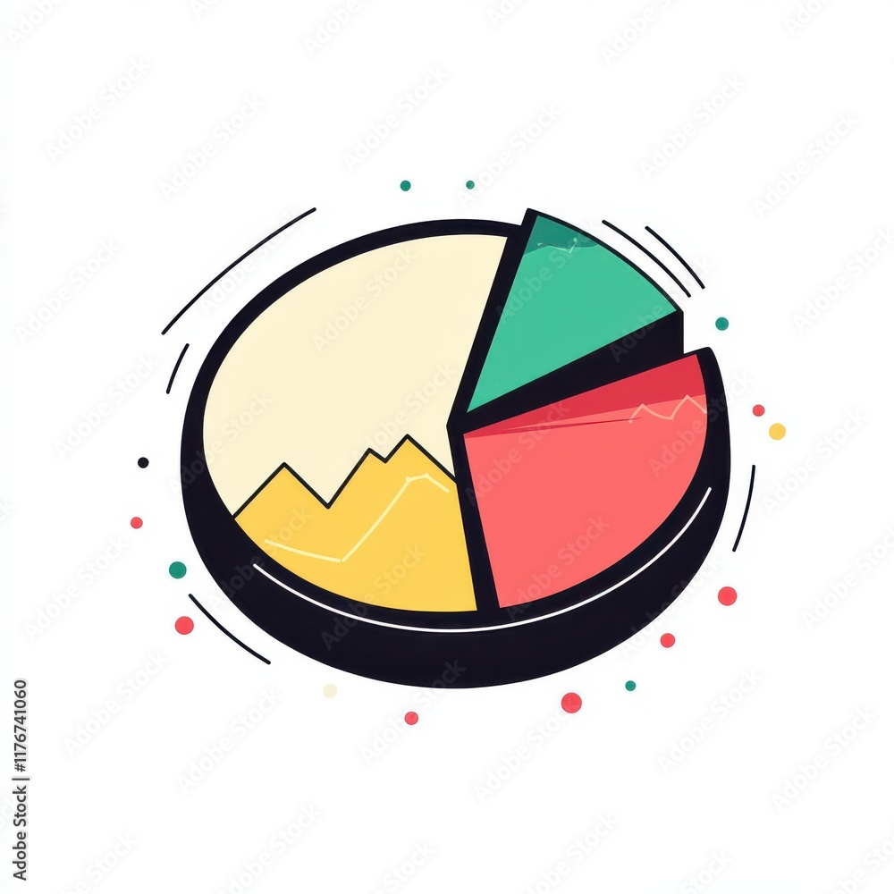 Poster stylized pie chart illustration with vibrant colors and dynamic lines depicting data analysis.