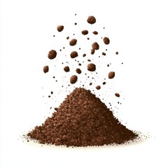 A dynamic pile of brown coffee grounds with particles suspended in mid-air, creating a lively and textured visual.