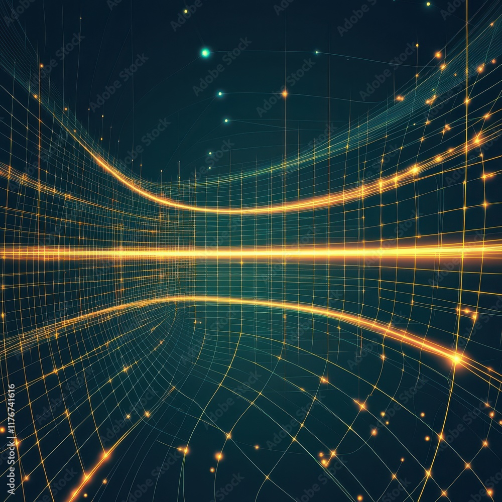 Poster an abstract digital landscape with glowing lines and stars, evoking a sense of depth and motion.