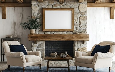 Cozy rustic living room with fireplace, blank frame, and armchairs.
