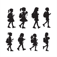 Vector Illustration of a Set of Children Silhouettes with School Bags