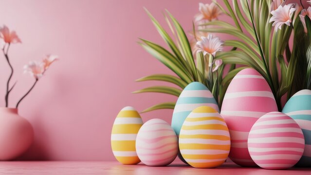 Colorful striped eggs and flowers on a pink background for spring