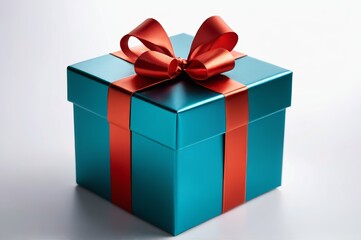 there is a blue gift box with a red ribbon on it