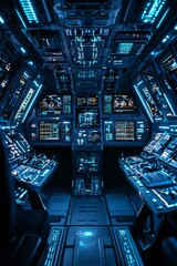 The interior of a spaceship, the cockpit features blue lights and numerous buttons and screens. 