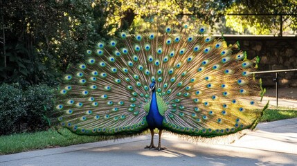 Obraz premium A vibrant peacock displaying its colorful feathers in a natural setting.