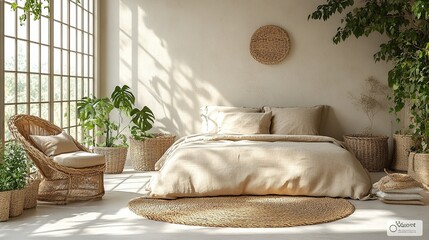 A serene, minimalist bedroom with natural light and plants, creating a calming atmosphere.