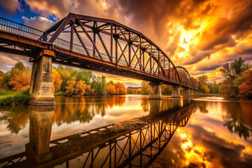 Fototapeta premium rusted metal bridge arches over tranquil river at sunset, reflecting vibrant colors