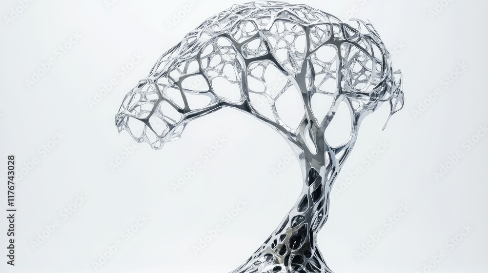 Poster a tree robot with a metallic, geometric trunk and intricate network of branches, placed against a wh