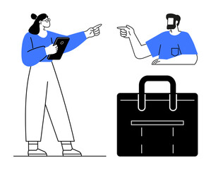 Two figures in professional attire and a briefcase. Ideal for teamwork, communication, business meetings, corporate culture, professional relationships, career growth, office dynamics. Abstract line