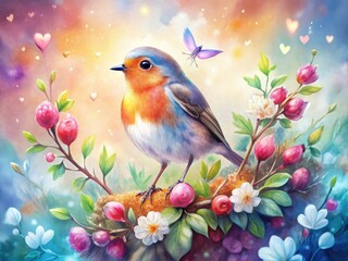 A sweet watercolor bird, hearts aflutter, perfect for Valentine's Day.