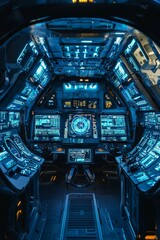 Fototapeta premium The interior of a spaceship, the cockpit features blue lights and numerous buttons and screens. 