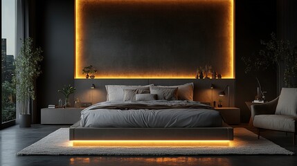 A modern bedroom with ambient lighting, sleek furniture, and a cozy atmosphere.