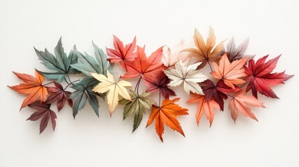 An artistic arrangement of maple leaves in various autumn shades on a neutral background, perfect for seasonal themes.