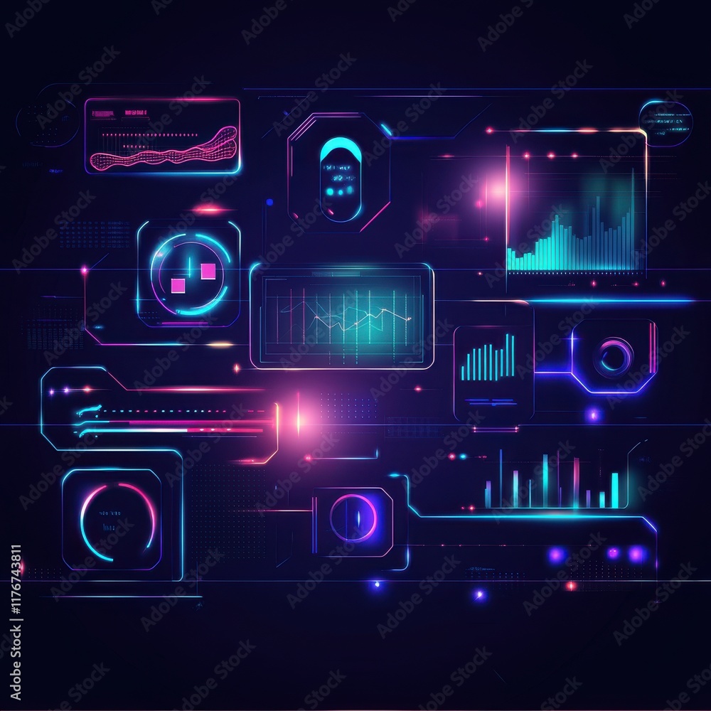 Poster futuristic digital interface with vibrant neon colors and abstract data visualizations.