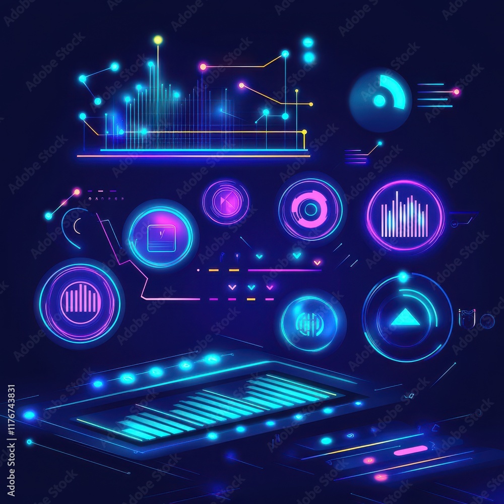 Poster futuristic data visualization with vibrant neon colors and interactive elements, showcasing technolo
