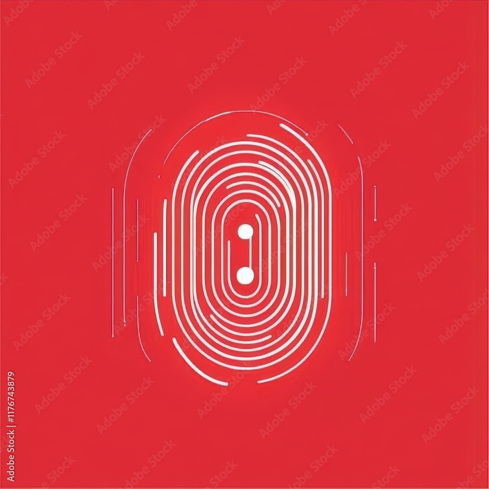 Poster abstract white fingerprint design on a red background, symbolizing identity and security.