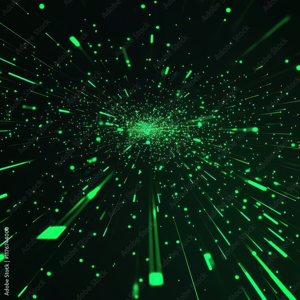 Poster dynamic green light particles radiating from a central point, creating a sense of depth and motion.