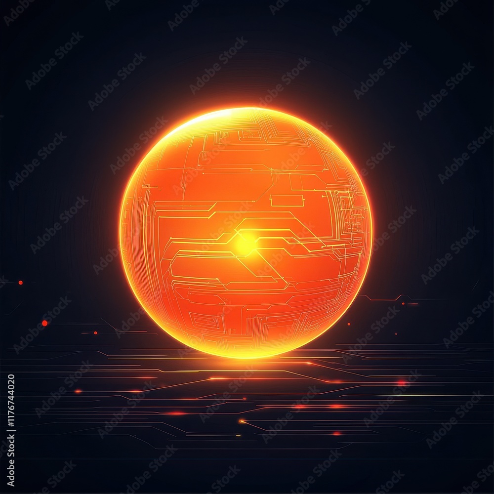 Poster futuristic glowing sphere with circuit patterns against a dark background, evoking a sense of advanc