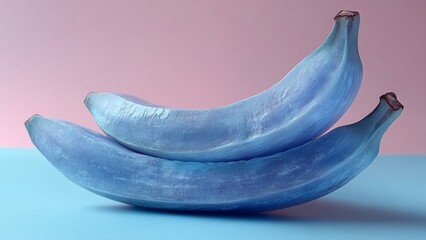 Colorful artistic display of blue bananas on a pastel background