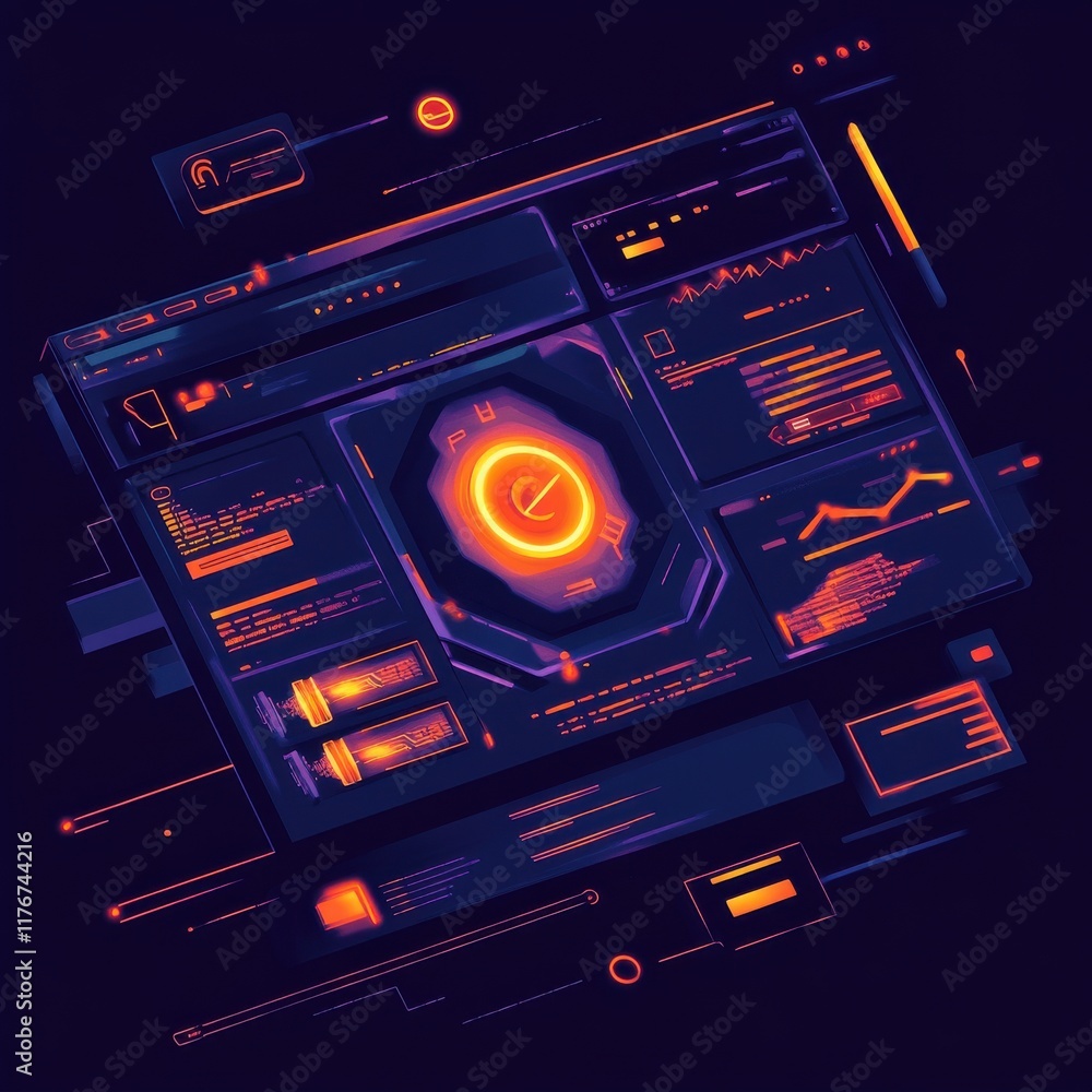 Poster futuristic digital interface with vibrant neon colors depicting data analytics and technology.